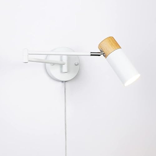 BarcelonaLED Applique murale en bois nordique avec câble prise et interrupteur avec bras articulé aluminium blanc orientable douille E27 pour lecture de chambre Table de chevet Cover