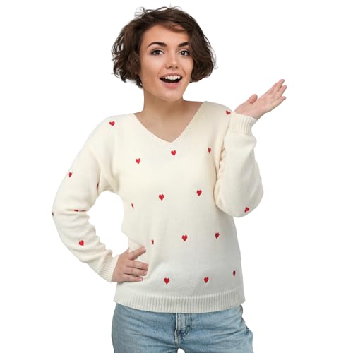Image of Coume Women Valentine Heart Sweater V Neck Embroidery Knit Long Sleeve Loose Casual Pullover for Girlfriend Wife Gift