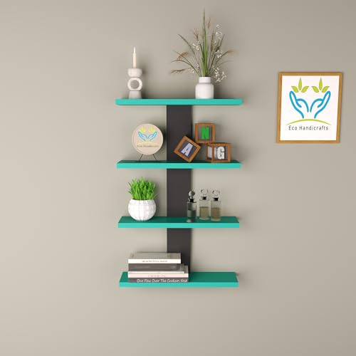 Image of Wooden Wall Mounted Floating Rack Shelves Book Stand Display Hanging Shelf Living Room Bedroom Storage Home Office for Decoration Showcase (Cyan Black)