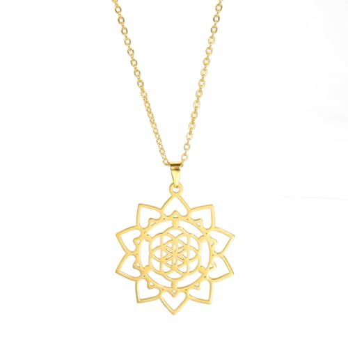 Collar de mandala loto de alta calidad en acero bicolor amuleto con acabado espejo