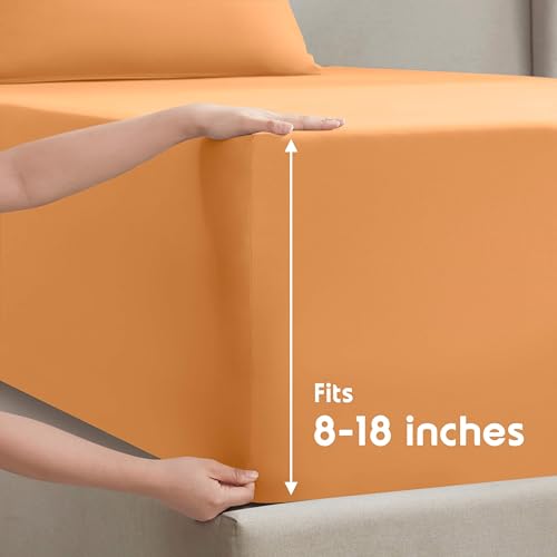 Image of Nestl Split King Bed Sheet Set - Light Orange - 5-Piece Deep Pocket | Instantly Soft, Night-One Ready (No Wash Required). Fits 16-Inch Deep Pockets, 360-Degree Elastic Grip