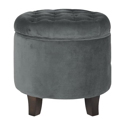 Homepop Home Decor | Upholstered Round Velvet Tufted Foot Rest Ottoman | Ottoman with Storage for Living Room & Bedroom | Decorative Home Furniture, Dark Gray Small