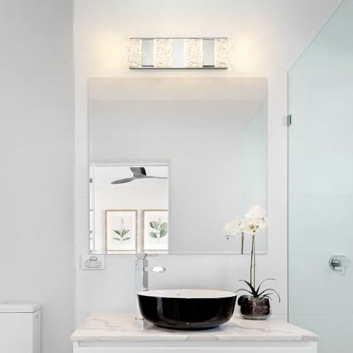 Image of Modern Chrome 4-Lights Bathroom Vanity Light, Eleglant Chrome LED Bathroom Light Fixtures Over Mirror, Dimmable Acrylic Shade Wall Lighting Fixtures, Hardwired Wall Light(H4.33in, L15.16in)