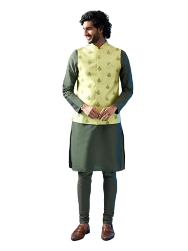 Image of KISAH Men's Kurta Jacket Churidar Set, Sea Green Art Silk, Embroidered Long Sleeves Regular Fit Mandarin Collar