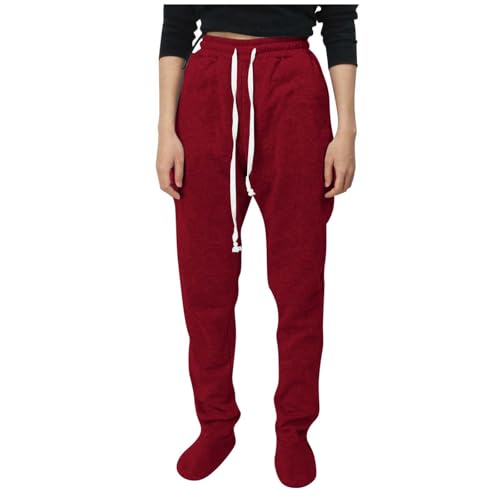 Adult Footed Sweatpants Cozy Warm Fleece Lined Pajama Pants Drawstring Elastic Waist Lounge Trousers Baggy Sleepwear