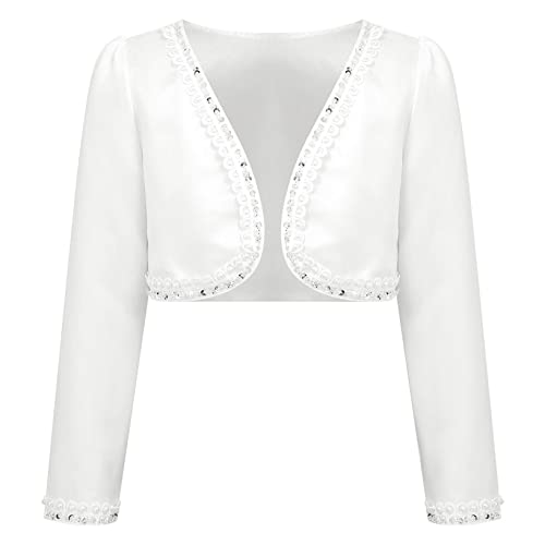 YEAHDOR Kids Elegant Beaded Flower Girl Bolero Shrug Satin Dress Coat Long Sleeve Short Cardigans Formal Jacket