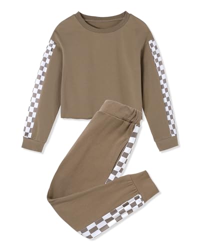 Image of SANMIO Toddler Girl Clothes 2 Piece Outfits Girls Tracksuit Activewear | Long Sleeve Crewneck Checkered Sweatshirts and Sweatpants Casual Fall Winter Clothing Set