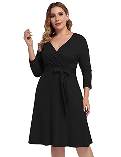 AMZ PLUS Womens V-Neck 3/4 Sleeve A Line Midi Faux Wrap Plus Size Cocktail Party Swing Dress Black L