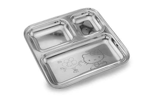 Image of Expresso - Heavy Duty Stainless Steel Square Small Dinner Plate with 3 Sections Divided Mess Trays for Kids Lunch, Camping, Events & Every Day Use Kitchenware, Hello Kitty Design
