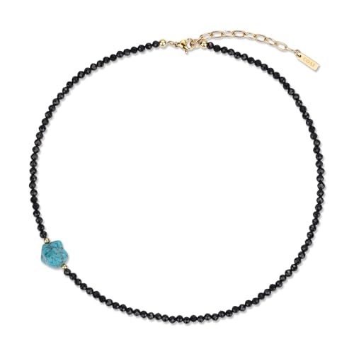 COAI Collier Ras du Cou, Collier Spinelle Noire Femme, Pendentif Irrégulier, Collier Turquoise Synthétique