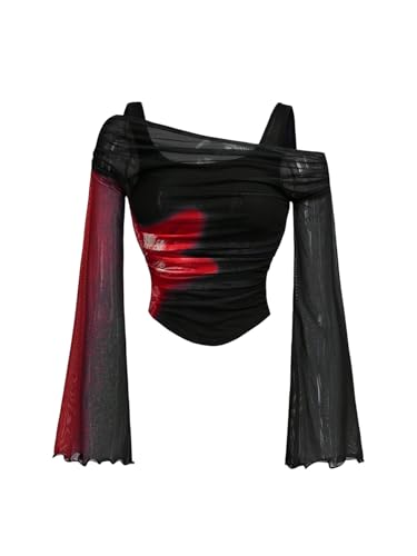 Floerns Girl's Off The Shoulder T Shirts Long Sleeve Floral Mesh Ruched Street Tee Tops