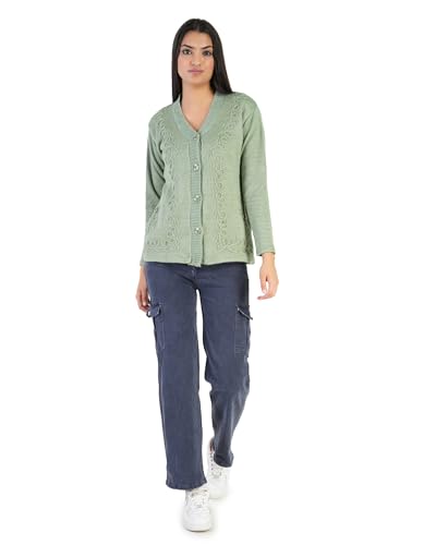 Image of MANRA Women's Woolen V-Neck Buttoned Full Sleeve Cardigan Self Design Soft Wool Fabric Winter Wear Pure Wool Sweater Fully Warm with Front Pockets Stylish Cardigan