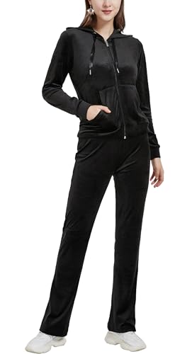 Woolicity Survêtement Femme Ensembles Sportswear Jogging Pyjama Pantalon de jogging en velours uni à capuche sport décontracté Noir M