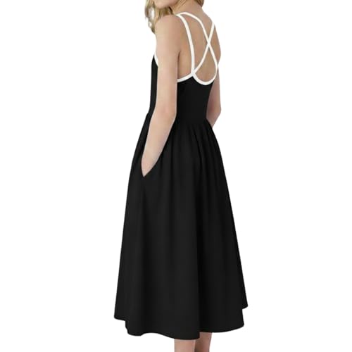 Girls Summer Sundress Criss Cross Back Elastic Waist Twirl Midi Casual Dress with Pockets