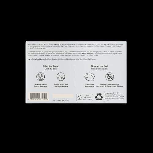 boscia clear complexion blotting linens - vegan cruelty-free natural skin care - oil blotting sheets for face - for combination to oily skin types - travel size - 100 sheets