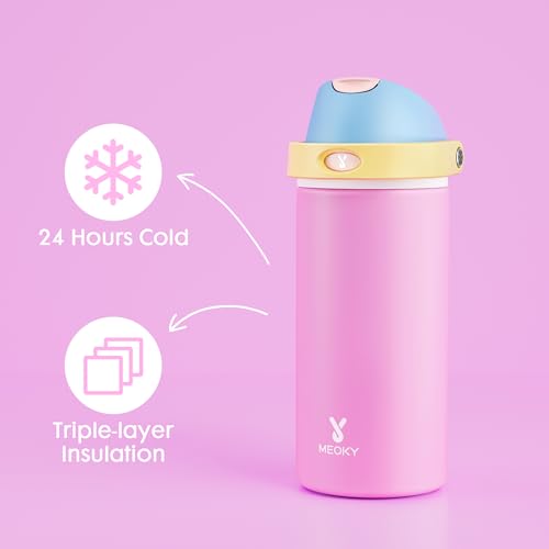 Image of 18 oz Insulated Water Bottle for Kids: Meoky Metal Water Bottle with 2-in-1 Straw and Spout Lid - Leak Proof, Cold for 24 Hours, Fits in Car Cup Holder for Girls School Sports, Fruit Punch