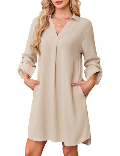 Amoretu Kleid Damen Langarm V Ausschnitt Hemdkleid Elegant Leinen Kleid mit Taschen (Beige, L)