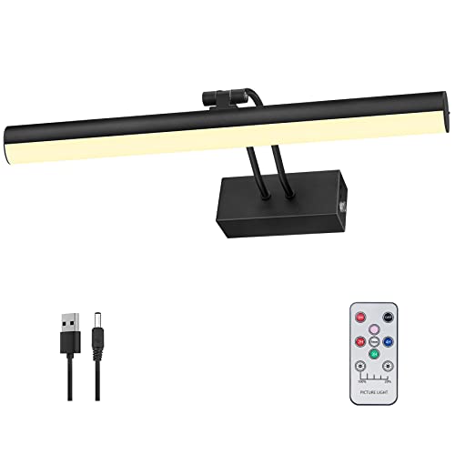 Wireless Picture Light , Remote Picture Light Dimmable and Timer,Battery Operated Wall Light with Rotatable Light Tube, 16“ Metal Art Display Light for Painting Frame Artworking Portrait L-BLACK