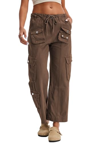 Cargo Pants for Women Low Rise Drawstring Waist 7 Pockets Hiking Work Wide Leg Pants with Zipper Button Closure3
