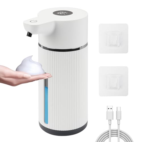 Automatic Soap Dispenser, 420ml Rechargeable Touchless Foam Soap Dispenser Wall Mounted with 4 Adjustable Levels IPX5 Waterproof Electric Hand Soap dispenser for Kitchen Bathroom Office (White)