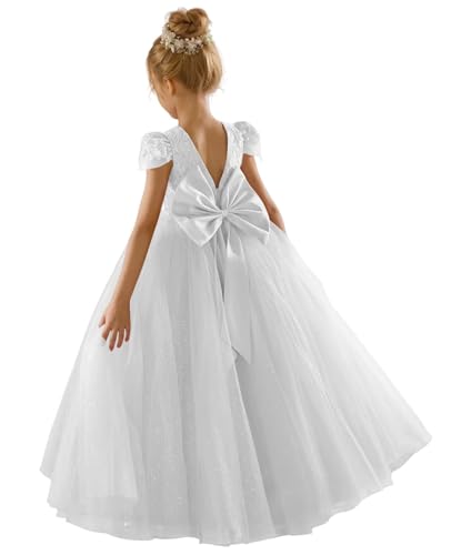 JISISANG Long Flower Girl Lace Sequin Dress for Weddings Tulle Round Neck First Communion Dresses Formal Big Girl Pegeant Dance Gown White 08