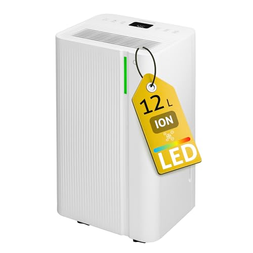 Deumidificatore Casa Muffa Turbionaire LEVI 12 ION, 12L/24h, Purificazione tramite ionizzazione, Poco rumoroso, Timer, Auto-Restart, Adatto fino a 20㎡, Ruote Piroettanti, Doppio drenaggio
