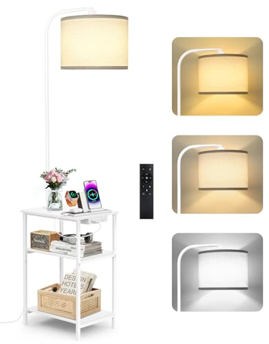 OUTONLIFE Lámpara de Pie con Mesa y Estante, LED Regulable con Mando a Distancia, 3 Temperaturas de Color, Mesa Auxiliar con Función de Carga y Espacio de Almacenamiento para Salón o Dormitorio
