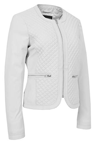 Veste biker femme en doux cuir blanc sans col pour un look urbain et décontracté chic