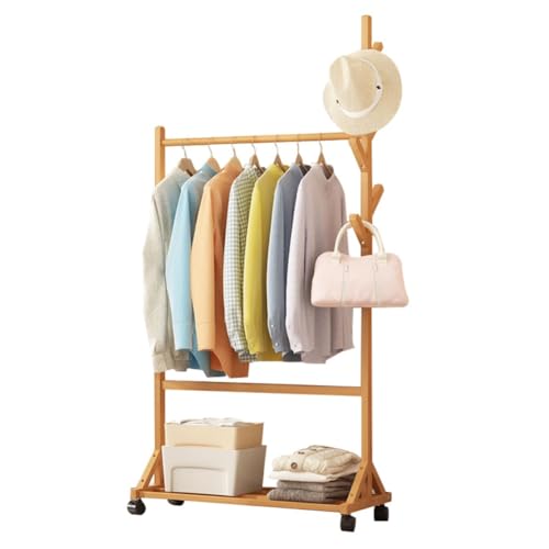 Appendiabiti in Legno di bambù con Ruote, 3 in 1, Autoportante, Ideale per Appendere Vestiti in Camera da Letto, Ingresso E Come Ripostiglio per Cappotti.,Wood Color-70CM