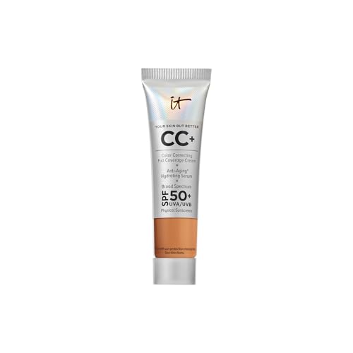 IT Cosmetics CC+ Cream Travel (Tan) - Natural Full Coverage Foundation With SPF 50+, Color Corrector & Anti-Aging Hydrating Serum, Hyaluronic Acid + Peptides, Up To 24H Wear - 0.4 fl oz