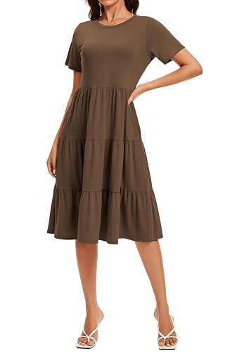 Image of Womens Summer Short Sleeve Crew Neck Midi Dress 2026 Casual Fit Flowy Tiered Beach Vacation Sundress with Pockets