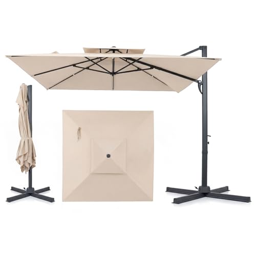 KOMFOTTEU Parasol Déporté Carré 3 x 3M, Parasol de Jardin Exterieur, avec Toile Inclinable à Double Couche, Manivelle, Rotation à 360°, Base en Croix, en...