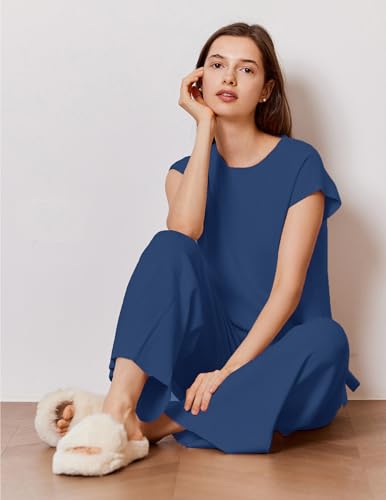 Image of Ekouaer Lounge Sets for Women Two Piece Outfits Knit Cap Sleeve Tops Wide Leg Pleated Pants Casual Dressy Sweater Sets