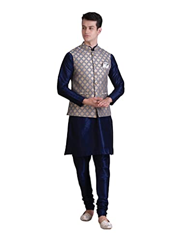 Ethluxis Men's Silk Blend Solid Navy Kurta Pyjama Set with Bundi ...