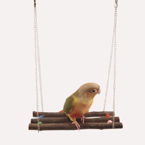 Copfeu Bird Swing Toy, Parrot Cage Hammock Swing, Natural Wooden Bird Hammock Exercise Stands Perches Cage Toys for Parakeet Cockatiel Conure Lovebird Hamster Chinchilla (with Beads,Large)
