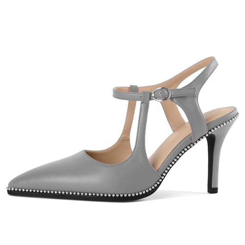 Image of SAMMITOP Womens High Heels Ankle Strap Pointed Toe Stilettos Patent Leather Beaded Pumps Dress Shoes 3.5 Inch