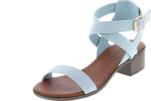 TOP Moda Vision-75 Women's Ankle Wrap Adjustable Buckle Stacked Chunky Heel Sandal,Light Blue,5