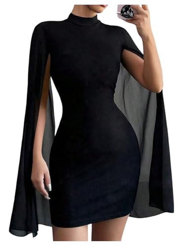 BEAUDRM Women's Cocktail Dress Wedding Guest Dress Cape Sleeve Cloak Mock Neck Bodycon Rib Knit Mini Sundress Black Medium