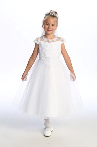 Holy Catholic First Communion Dress for Girls w/Corded Embroidered Tulle Top - Pearls & Sequins w/Cap Sleeve2
