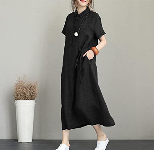 AOOF Women's plus size loose cotton linen long kaftan dress with pockets solid color dress robe