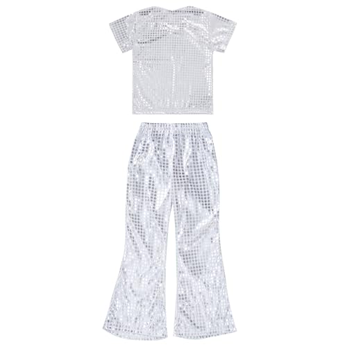 Boys Girls 2Pcs Shiny Dance Performance Outfits Metallic T-Shirt with Bell Bottoms Set Jazz Sportswear4