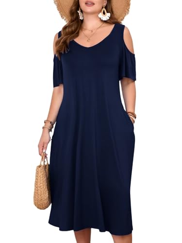 Image of LARACE Plus Size Women Dress for Summer, Midi Women's Sundress, Casual V-Neck Short Sleeve Flowy T-Shirt Dresses with Pockets