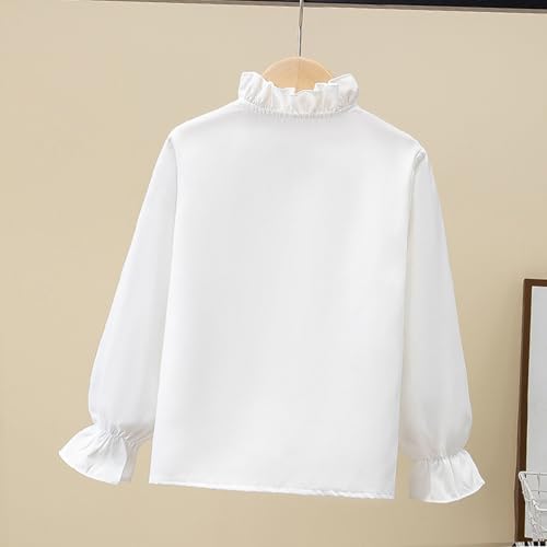 Girls Bowknot Neck Button Down Shirt Pearl Decor Ruffle Long Sleeve Lapel Collar Blouse School Uniform Tops for 3-13 Years4