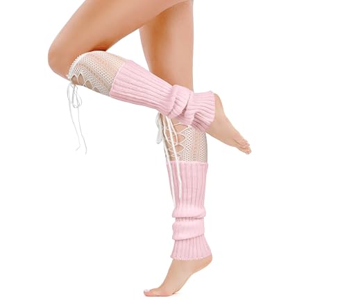 Image of Violet Mist Leg Warmers for Women Long Cotton Ribbed Knit Socks Knee High | Cute Funny Lace Fishnet Patchwork, 80s Retro Style, Kawaii Japanese Lolita Party