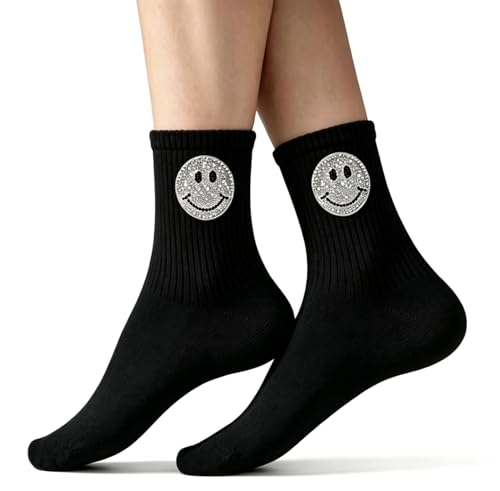 gedaer Cute Smiley Face Crew Socks Cotton Novelty Socks for Women Soft Breathable Unisex Casual Socks Black