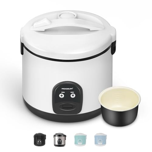 MOOSUM Arrocera eléctrica con un solo toque para arroz asiático japonés de sushi, 10 tazas sin cocinar, práctica olla con vaporizador, carcasa de acero inoxidable y calentador automático, color blanco