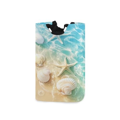 Jihqo Laundry Hamper Basket Beach Starfish Seashell Collapsible Nursery Storage Bin Waterproof Clothing Baskets for Home Bedroom Bathroom Washing Room
