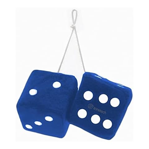 Zone Tech Blue 3" Square Hanging Dice-Soft Fuzzy Decorative Vehicle Hanging Mirror Dice with White Dots - Pair Cover