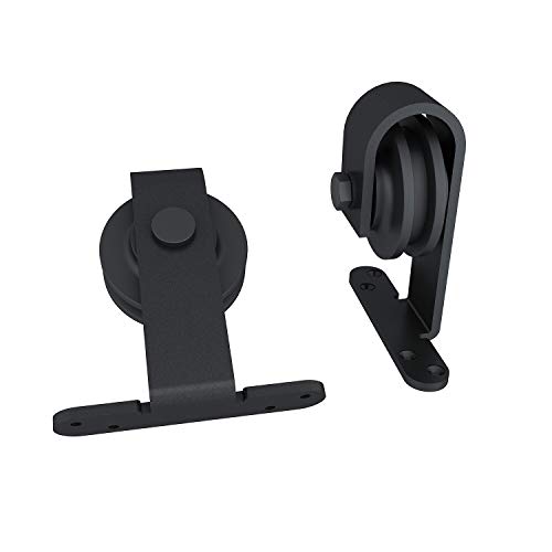 JUBEST 7FT Heavy Duty Black Top Mounted Barn Door Hardware Kit for Aluminum Framed Glass Door