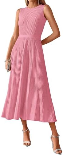 BTFBM Women Midi Bodycon Tank Dress Summer Crewneck Sleeveless Pleated A Line Business Casual Knit Sweater Fall Dresses